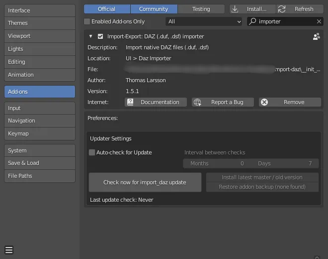 Add-ons dialog showing the Diffeomorphic Daz Importer.