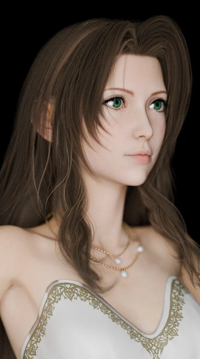Aerith lit with a large bright area light directly from the front