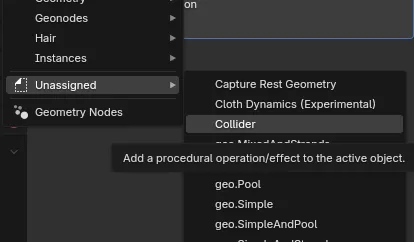 'Collider' modifier in the 'Unassigned' menu