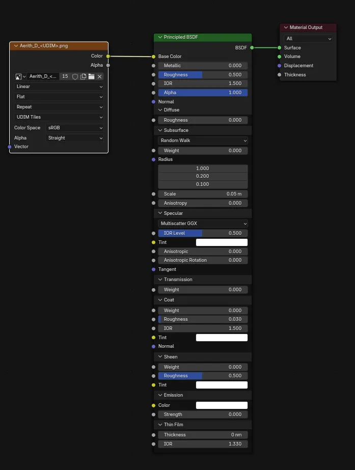 The node group for the previous image showing only the 4K texture pluged into the base color pin of a Principled BSDF.