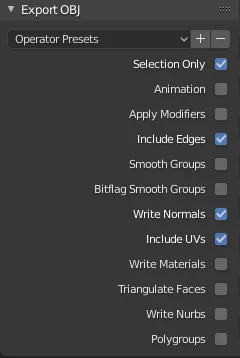 Check Selection Only, Uncheck Apply Modifiers and Write Materials.