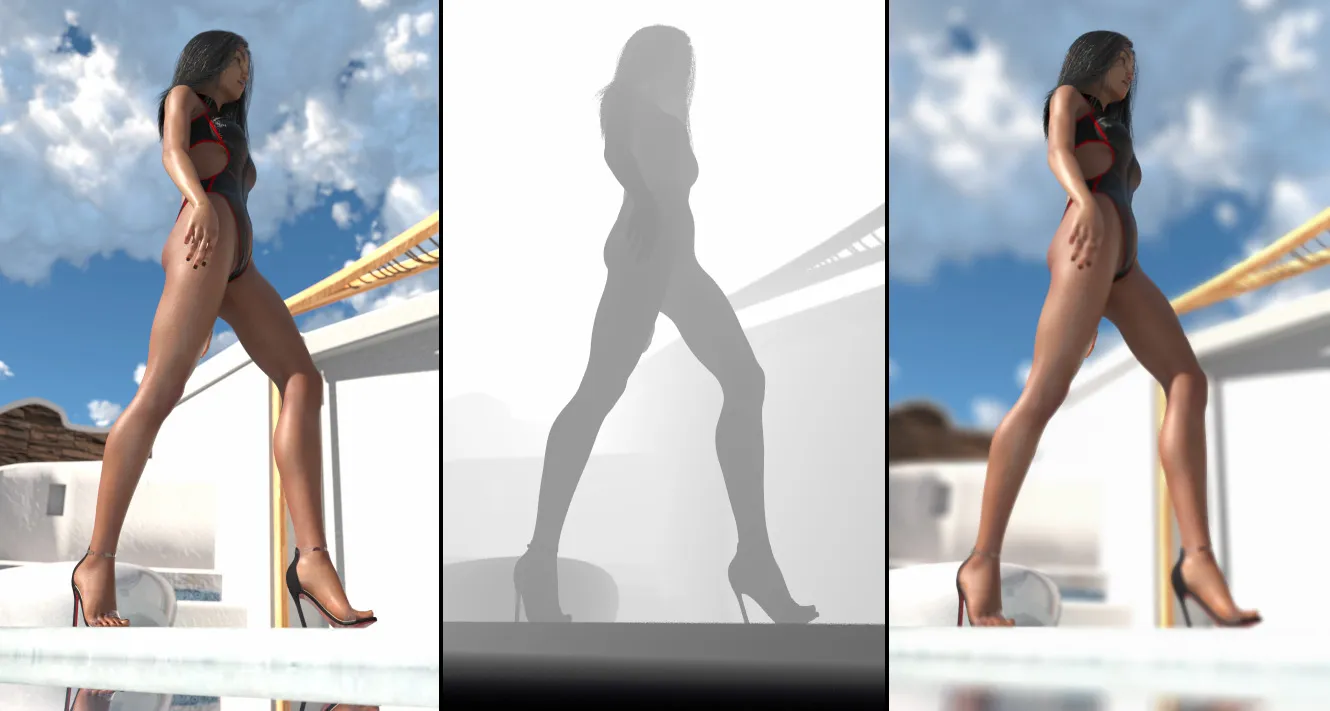 Original on Left | Depth Pass in Center | Lens Blur Applied on Right