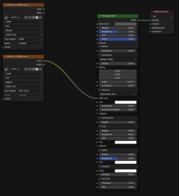 The node setup for the above image. This time only the Specularity texture is plugged into the IOR Level with a grey 'clay' like base color to help show its effects.