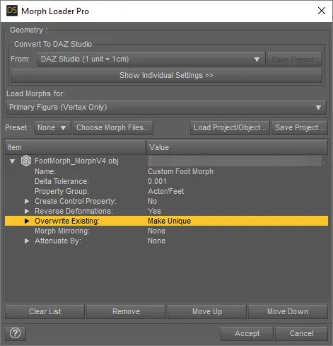 Foot Morph - Morph Loader Pro Settings