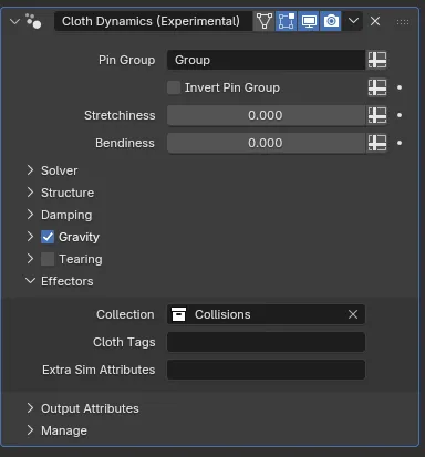 Cloth Dynamics setup