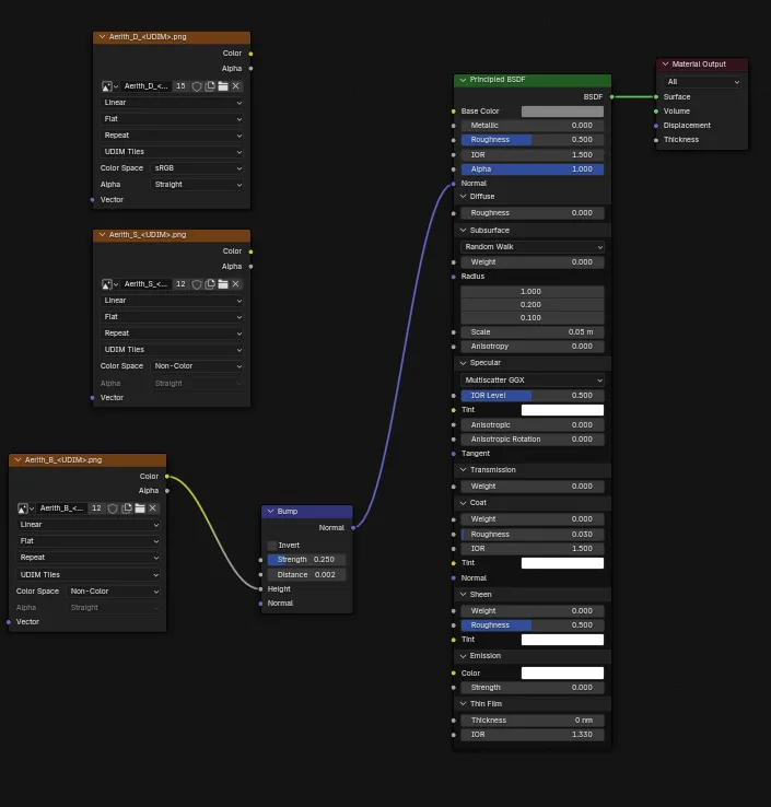 The node setup with a bump texture pluged into a bump node with 0.25 strength and 0.002 depth.