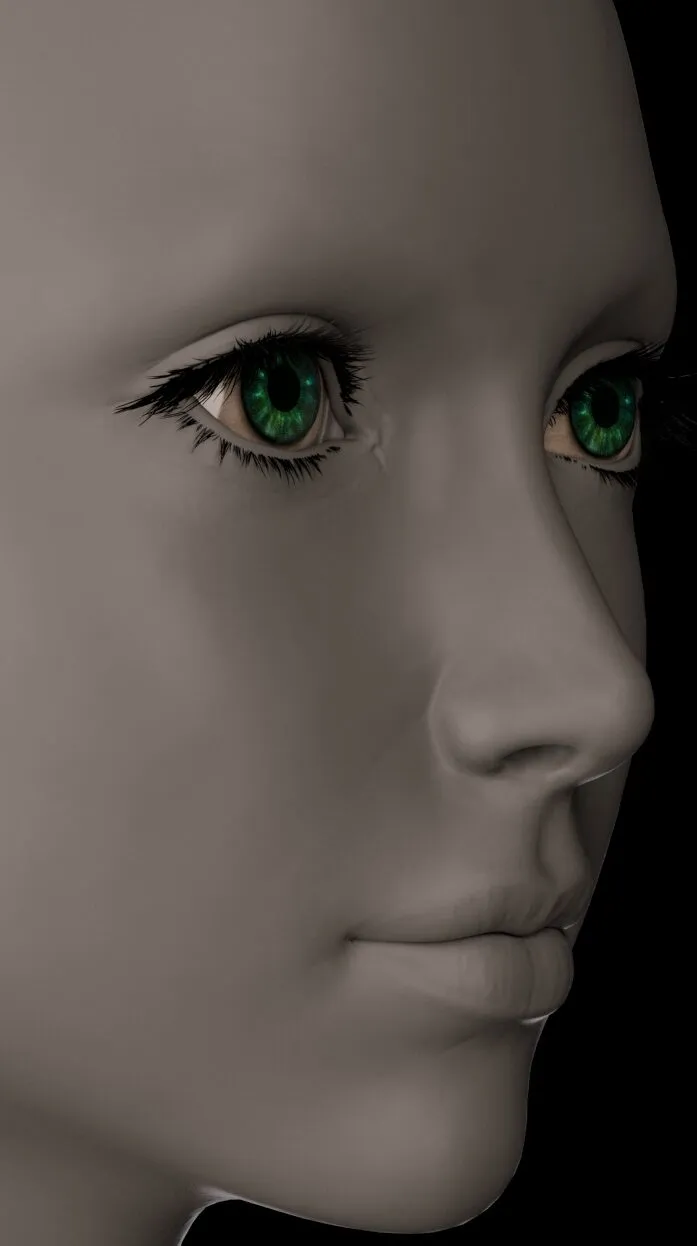 A close up render of Aerith Gainsborough from Final Fantasy 7 Remake showing only the effects of a normal texture.