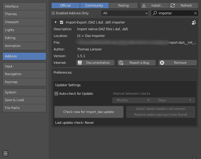 Add-ons dialog showing the Diffeomorphic Daz Importer.